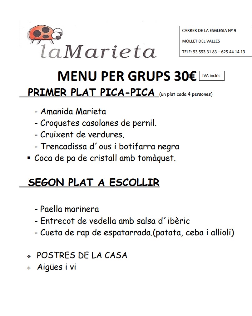 menú grupos 30€ dic.2022 Un restaurante en Mollet con menú del día, menú degustación, comer y cenar en Mollet, La Marieta