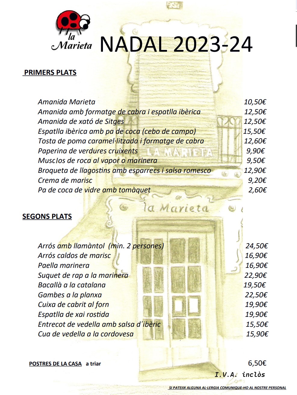 Menú Nadal 2023 restaurant la Marieta de Mollet Vallès