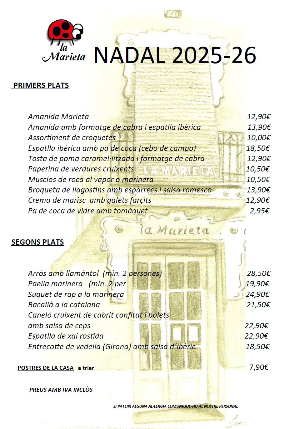 Carta de Nadal Restaurant la Marieta Mollet 2025 2026